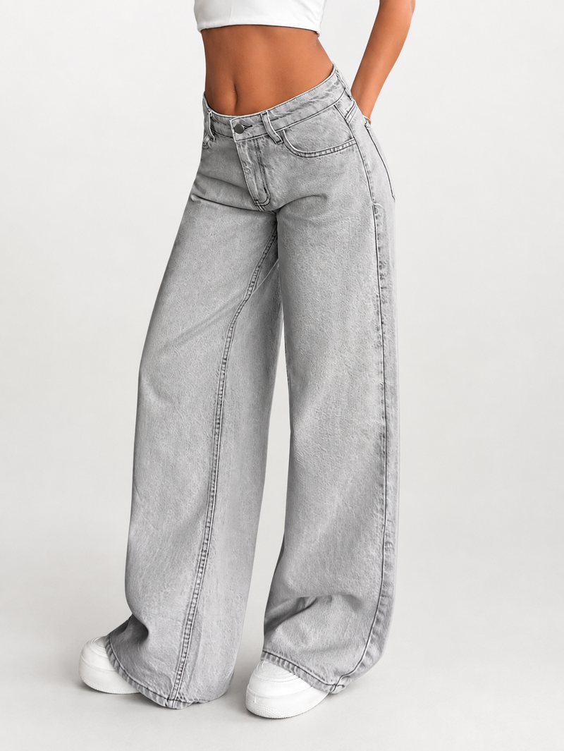 Wide leg high waist jeans medium wash - Ash grey